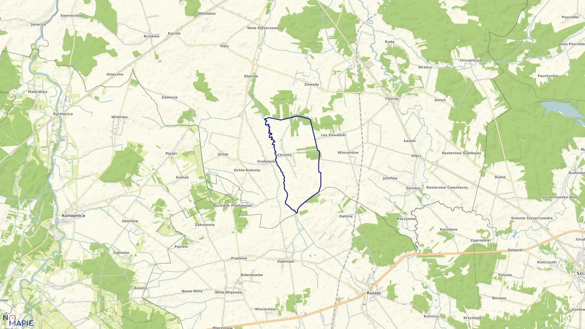 Mapa obrębu CHRUSTY w gminie Widawa