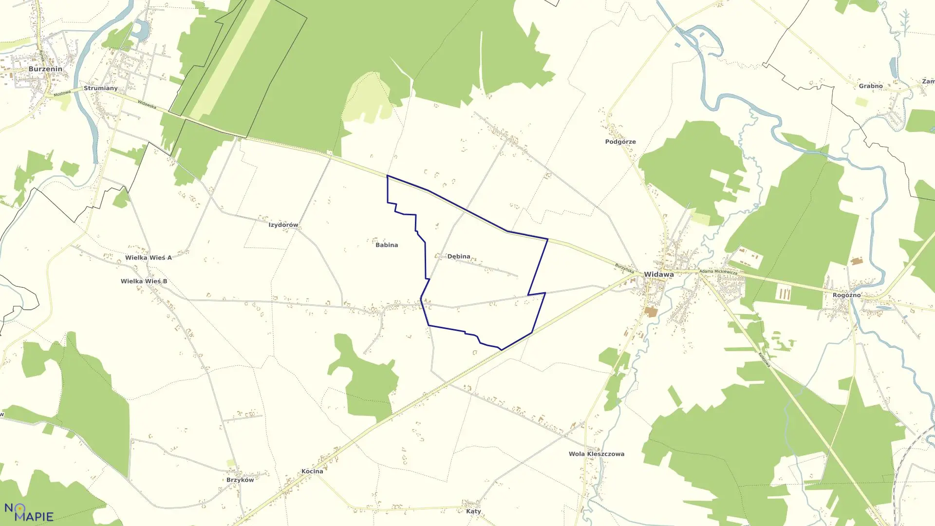 Mapa obrębu DĘBINA w gminie Widawa